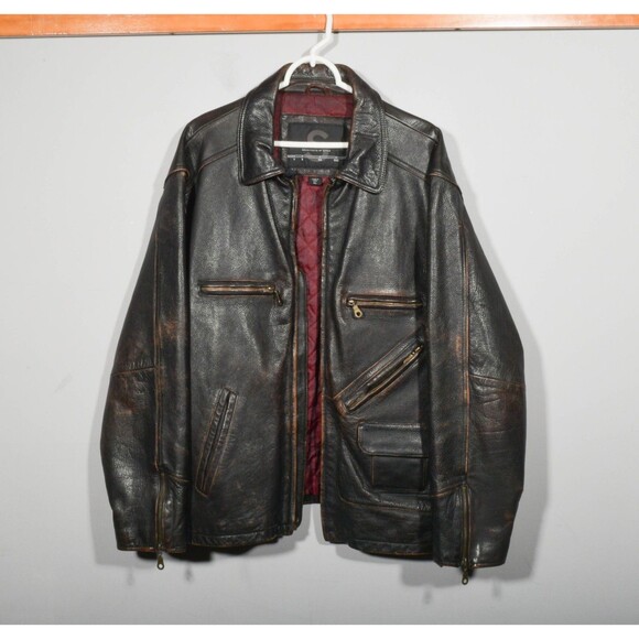 Vintage Structure Heavy Brown Leather Zip Up Car Driving Coat Jacket Sz XL - Picture 1 of 8